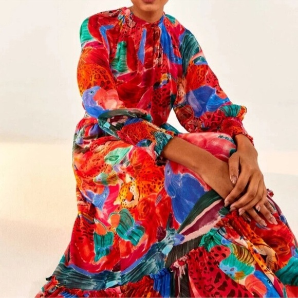 FARM Rio Dresses & Skirts - NWOT Farm Rio Animal Collage print belted long sleeves high neck Maxi Dress sz M
